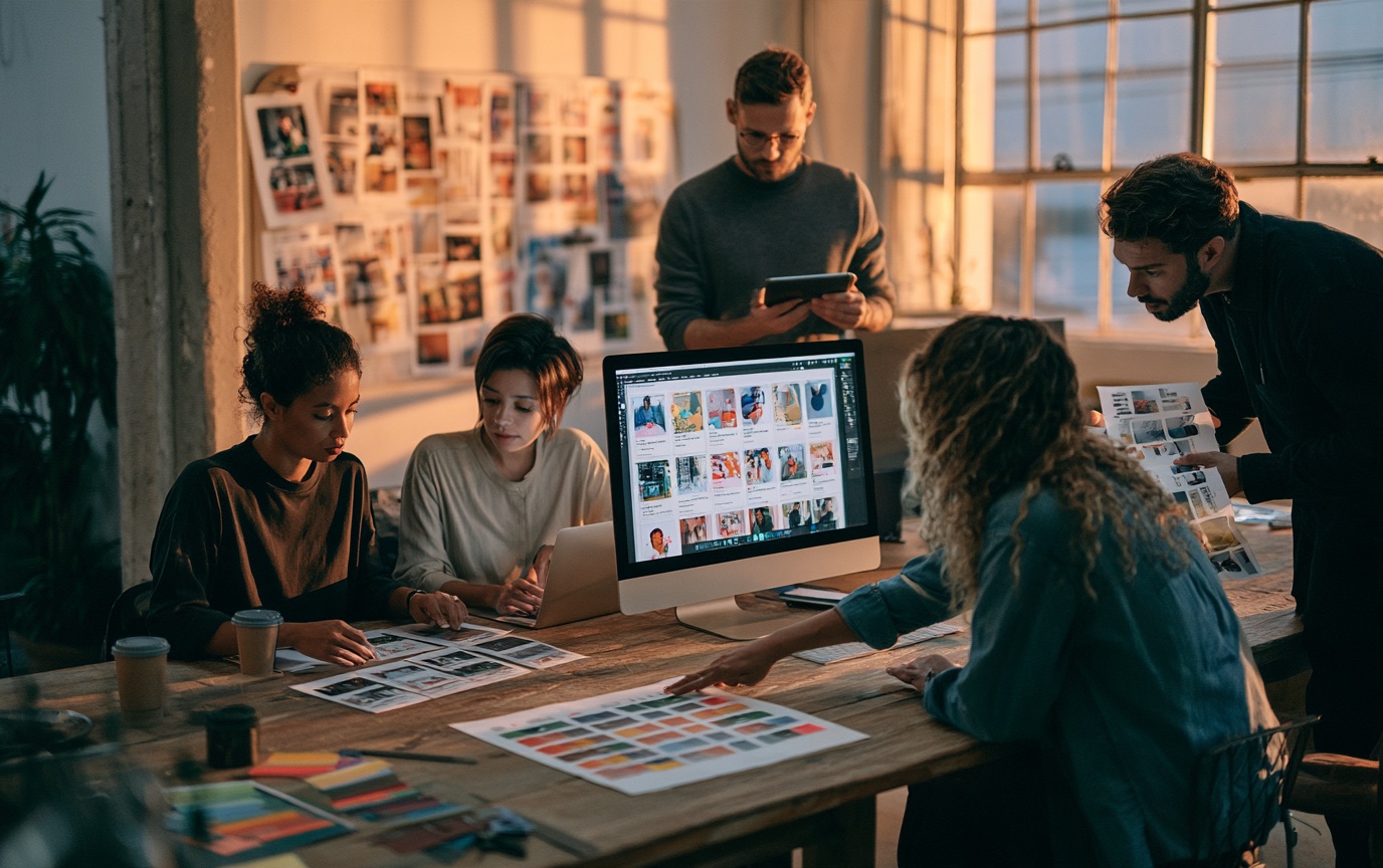 Equipe de agência, com design, texto, estratégia e coordenação, revisando juntos o conteúdo de um cliente numa mesa com luz de fim de tarde